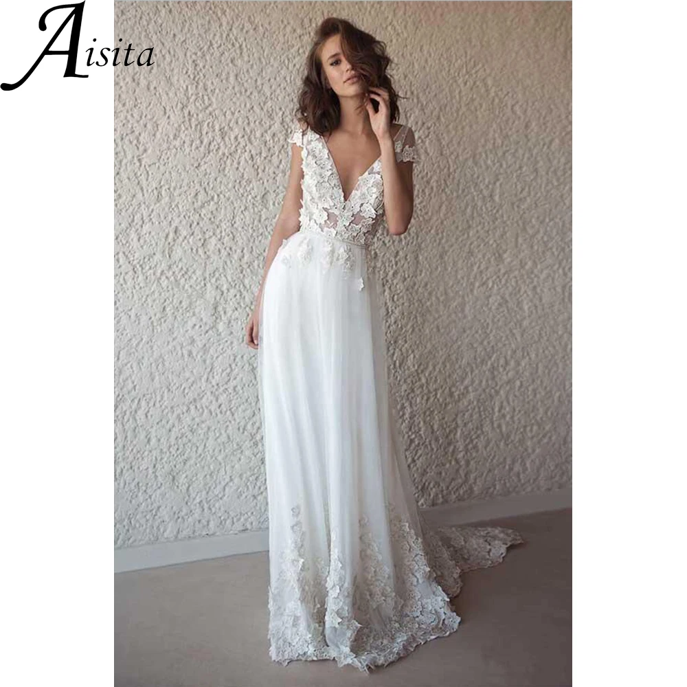 

Boho A-line Dress Bohemian Lace Sleeveless Bride Dresses Chiffon Wedding Dress Cap Sleeve Elegant and Pretty Women's Dresses