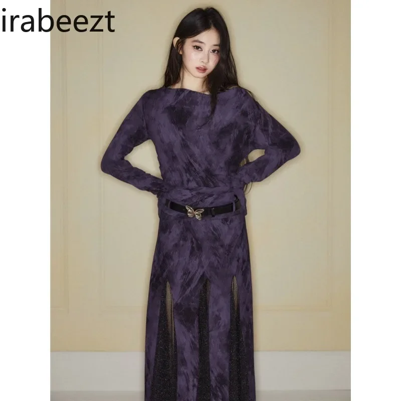 Ladies Dresses Design Sense Purple Skew Collar Long Sleeve Waist Retraction Gauze Spliced Sexy Slim Fitting Skirt Women Clothing