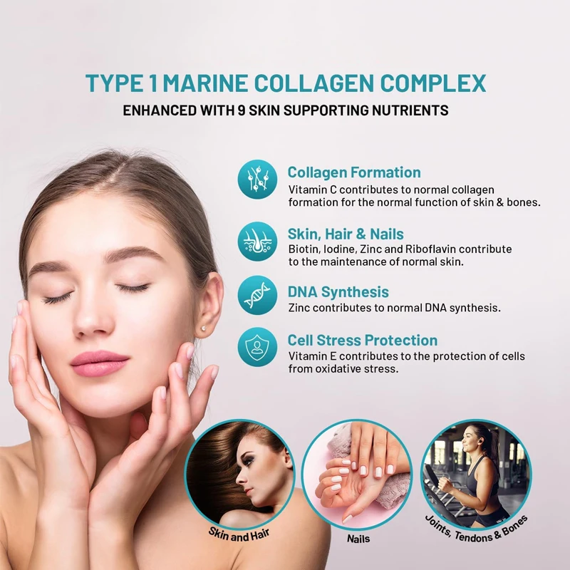 تحتوي الكولاجين البحري 1100 مللي جرام من حمض الهيالورونيك، بالإضافة إلى حمض الهيالورونيك والفيتامينات C، E، B2، والنحاس والزنك، والأيود #3