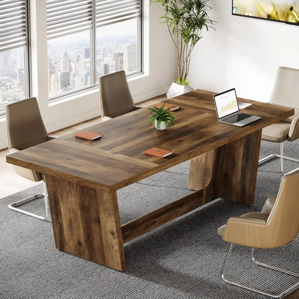 

Rectangular Executive Meeting Table for Office, Large Sturdy Business Desk with Solid Wooden Pedestal, Industrial Seminar Table