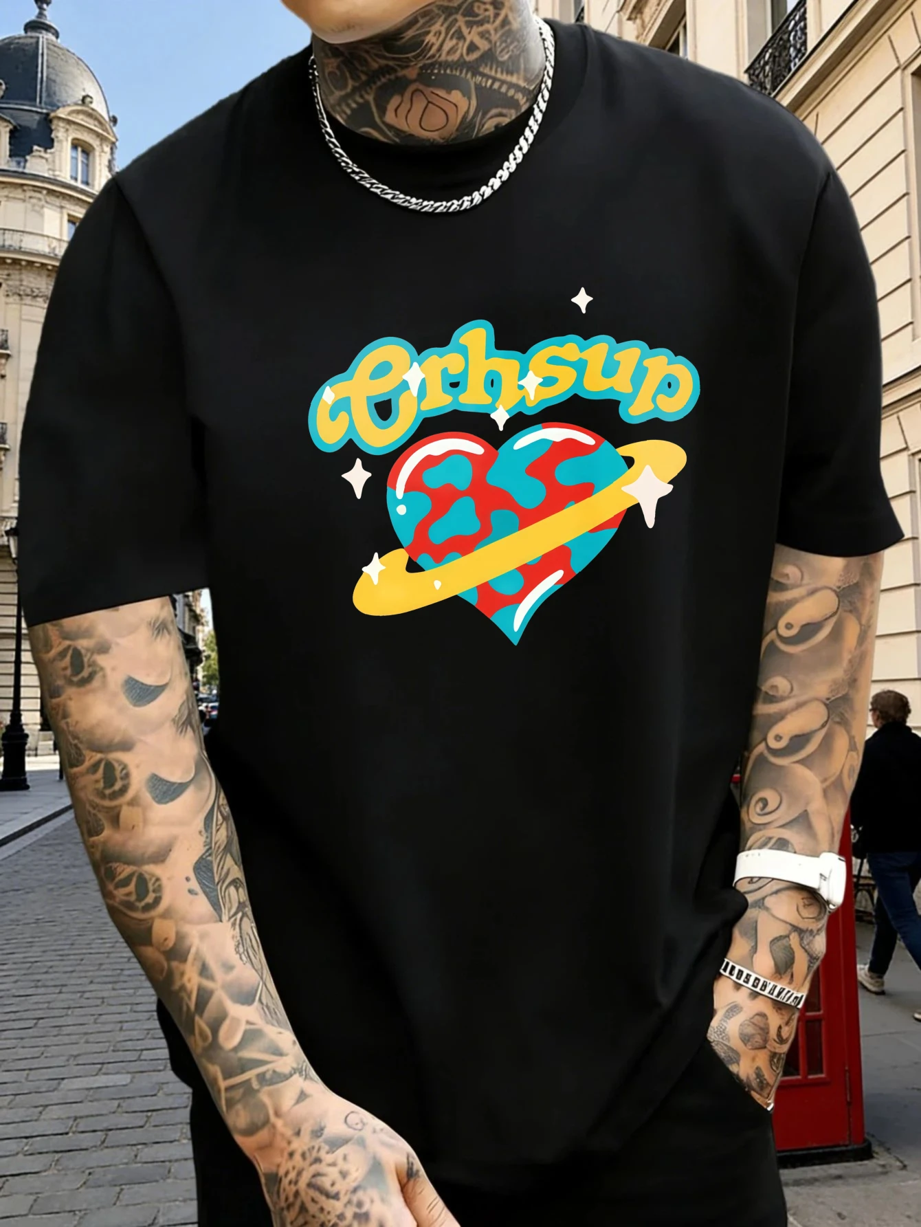 Male Cotton Short Sleeve T Shirt Heart Planet Letter Pattern Loose Crew Neck Street Casual Summer Tees For Young Adult Men