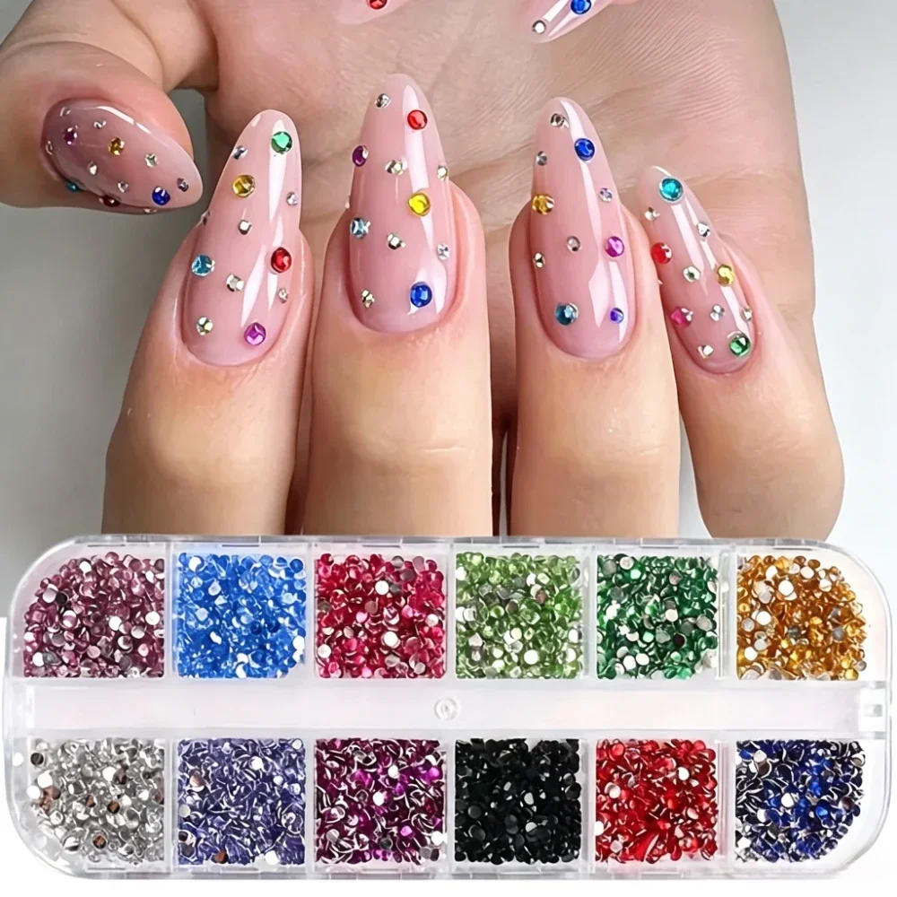 12 Grids Mixed Size Acrylic Flatback Rhinestones, 2/3/4mm Shiny Imitation Crystal Gems, DIY Nail Art Manicure Decor Charms