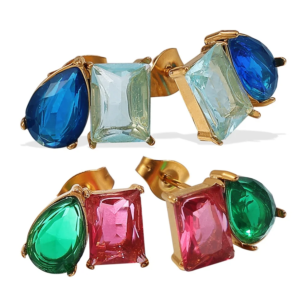 

Fashion Stainless Steel Rainbow Crystal Stud Earring Square Teardrop Rhinestone Gemstone Ear Climber Dangling Daily Wear Jewelry