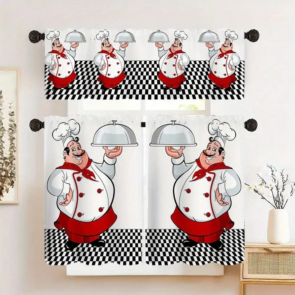 Funny Chef Curtains Cartoon Cook Kitchen Window Drapes Black and White Checkered Cafe Decor, Short Valance  Panel Set for Dining