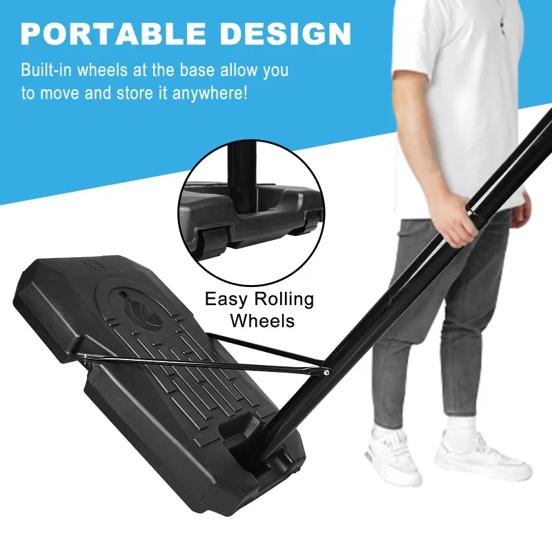 Suporte de basquete portátil, altura ajustável de 6,5 pés - 10 pés, com encosto e rodas de 44", adequado para adultos e adolescentes