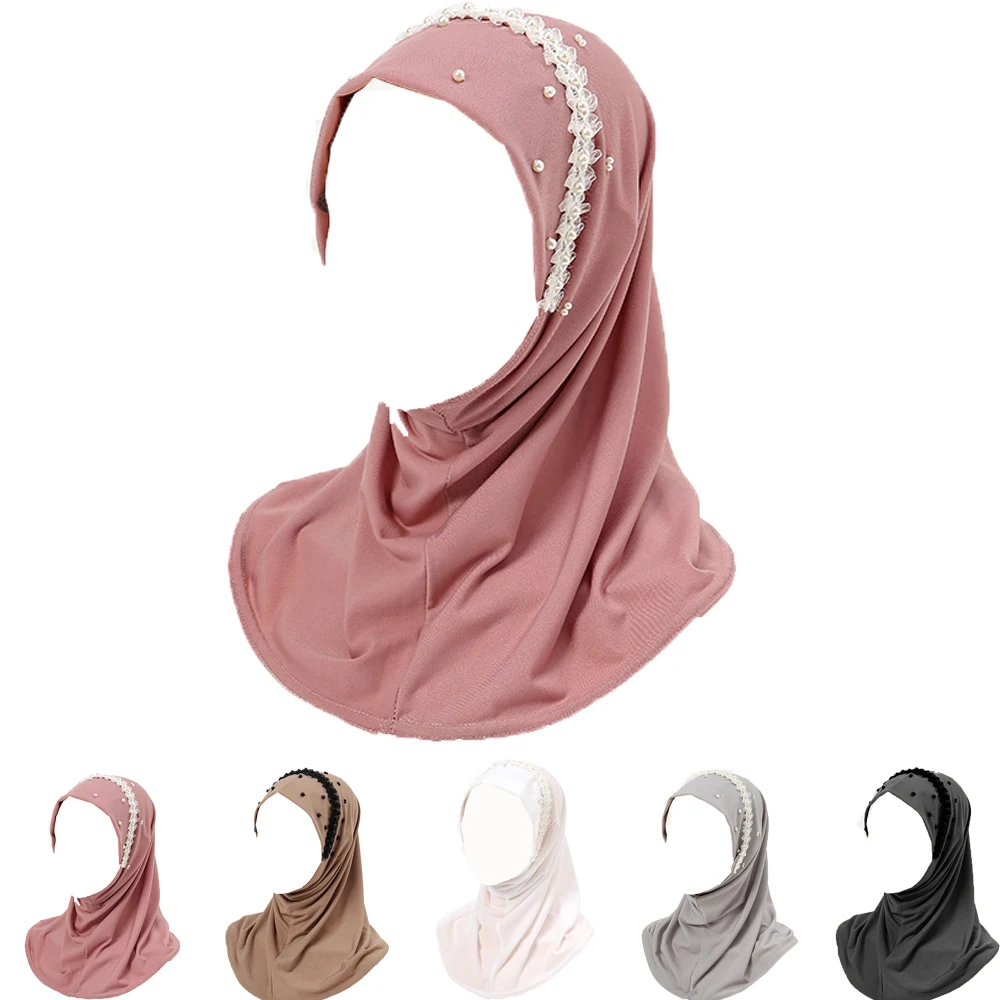 

Pull On Ready Instant Hijab Women Muslim Turban Underscarf Lace Beads Islamic Arab Hat Headwrap Shawl Prayer Full Cover Neck Cap