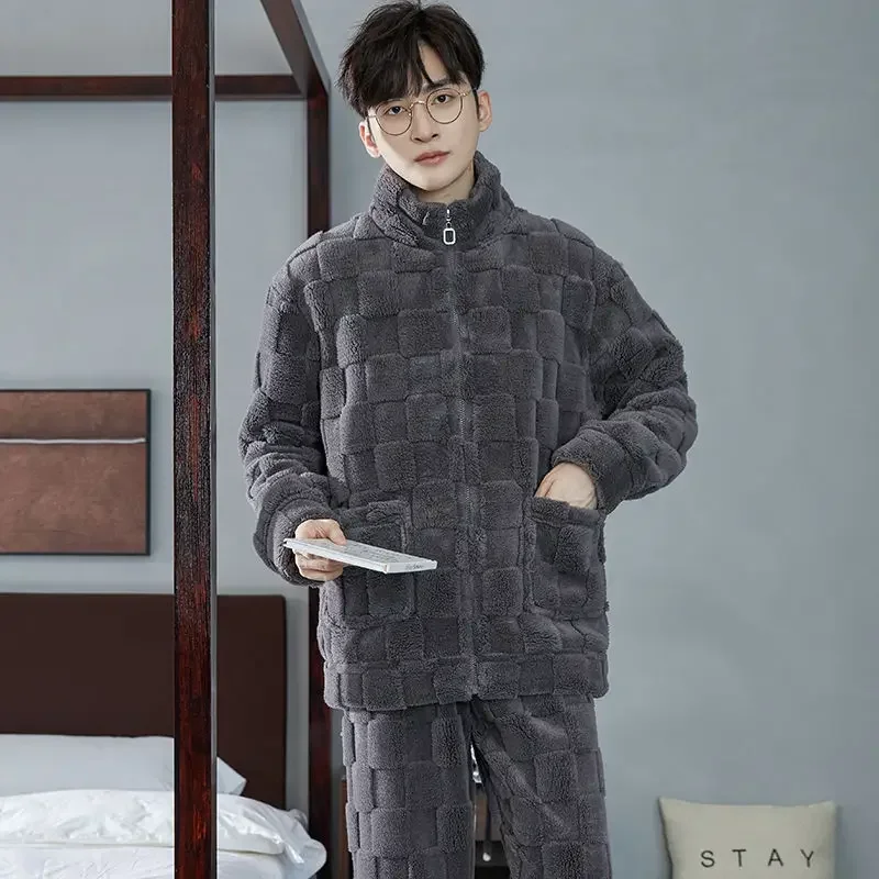 Men\'s Winter Pajamas Set Thicken Flannel Warm Sleepwear Big Size 3XL Zipper Soft Pajama Men pyjama