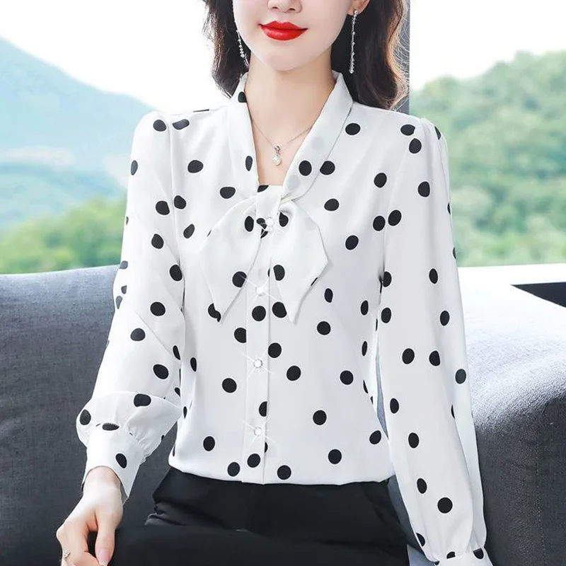 Summer Fashion Polka Dot Long Sleeve V-neck Chiffon Blouse Ladies 2024 New Spring Printing Office Lady Bow Buttons Women Shirts