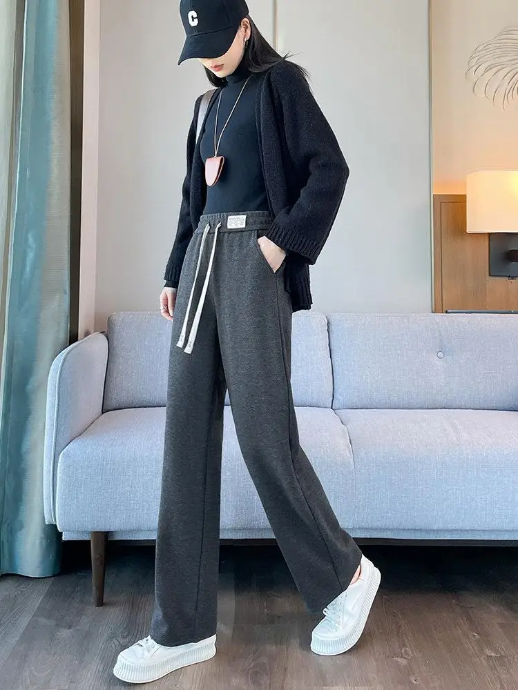 High Waist Thickened Fleece Lined Narrow Version Tweed Wide Leg Pants for Women Casual Style High Waist Straight Tube Pants