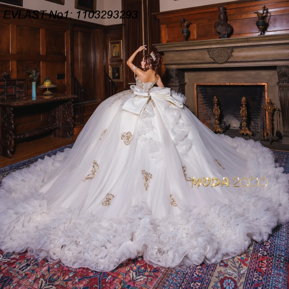 EVLAST Customized White Quinceanera Dress Ball Gown Shiny Gold Lace Applique Crystal Beaded Sweet 16 Vestidos De 15 Anos AQ108