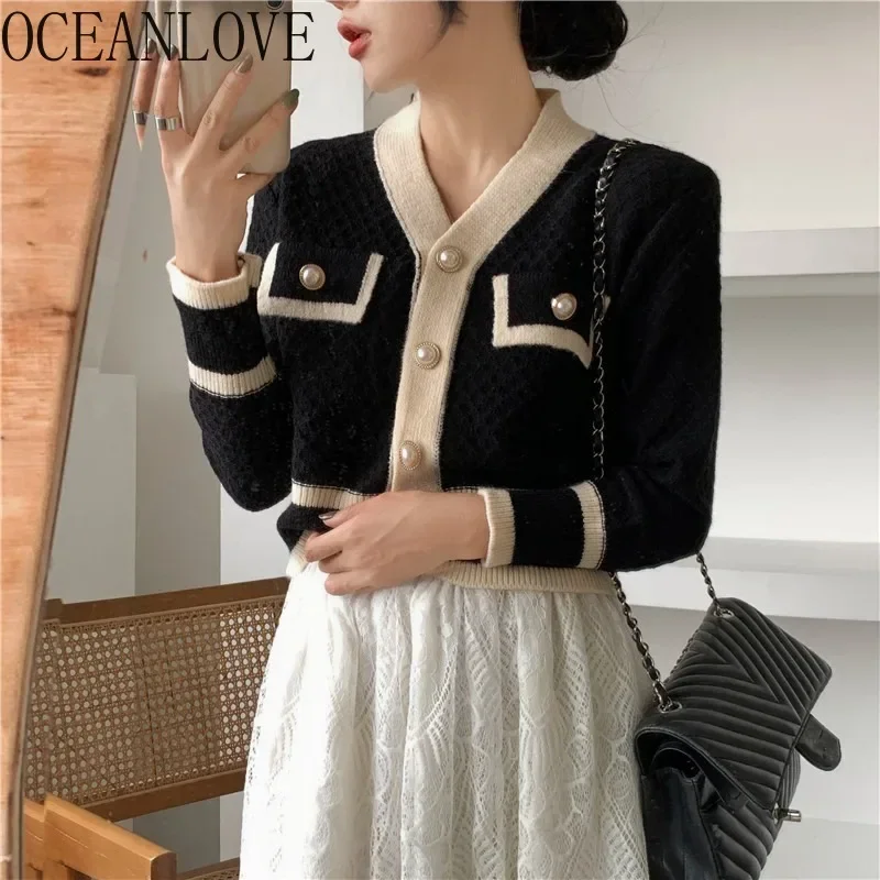 OCEANLOVE Short Cardigans Women V Neck Office Lady Vintage Korean Elegant Sweaters Contrast Color Autumn Winter Chaquetas