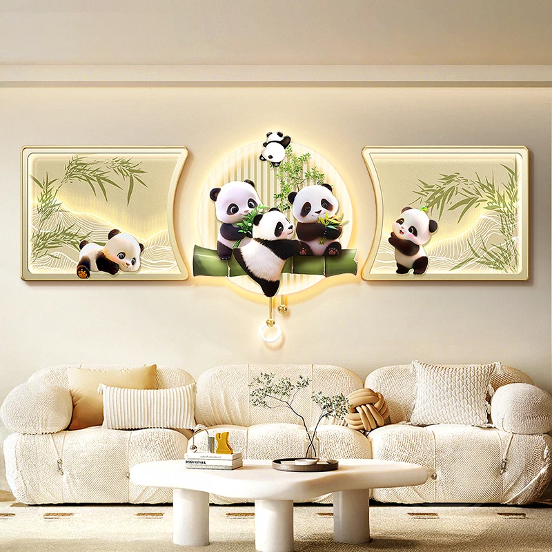 Panda Wall Lamp Living Room Decoration Painting Cream Wind Bamboo News Safety Triple Hanging Painting Landscape Sofa Background