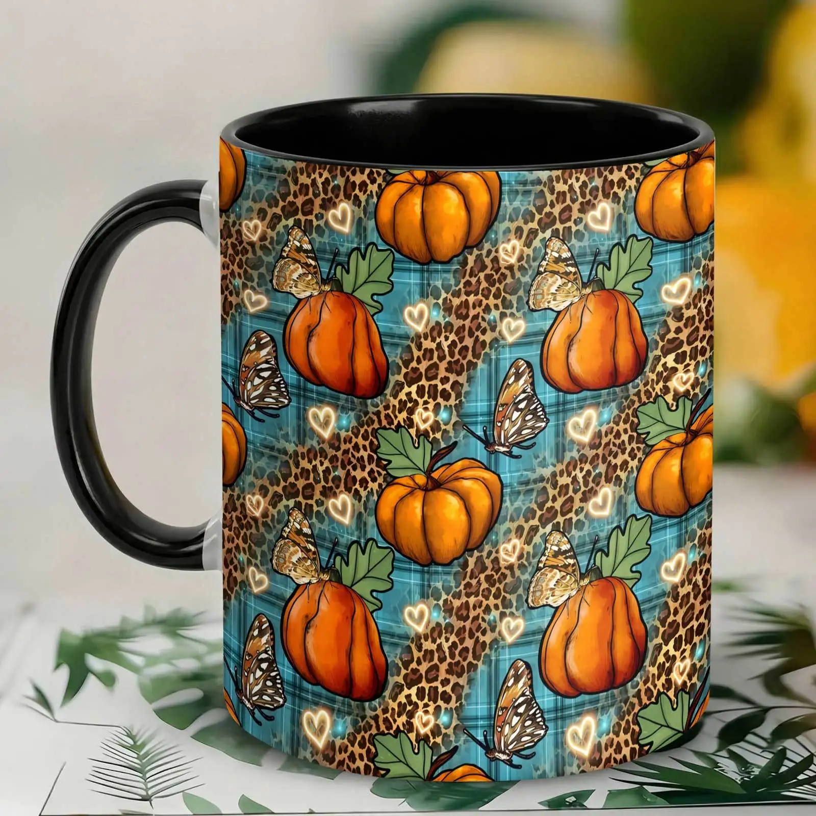 1pc, Butterfly Pumpkin Leopard Print, 11 Oz Colored Ceramic Mug, Plaid Aesthetic Design Print, for Home And Office Use, Thanksgiving Gift, Tumbler, Local Warehouse, Gifts for Men And Women, Friends