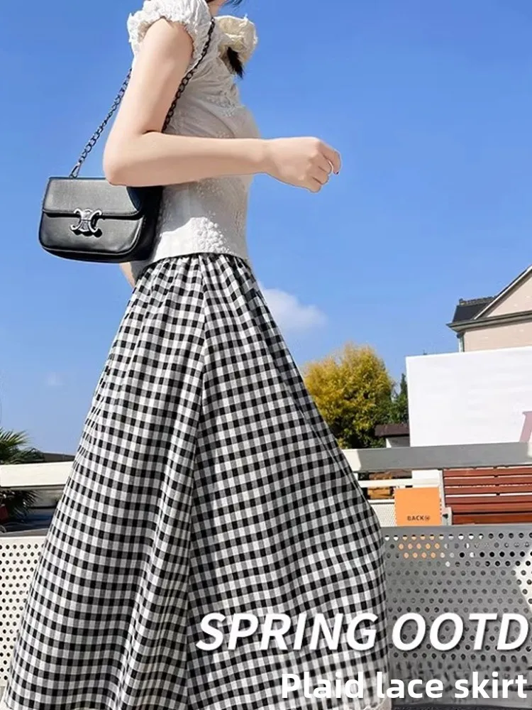 

Bla Plaid Lace Hem Midi Skirt Women's Summer 2025 New High Waist Casual Slim A-Line f Body Skirt Korean Sle Commute