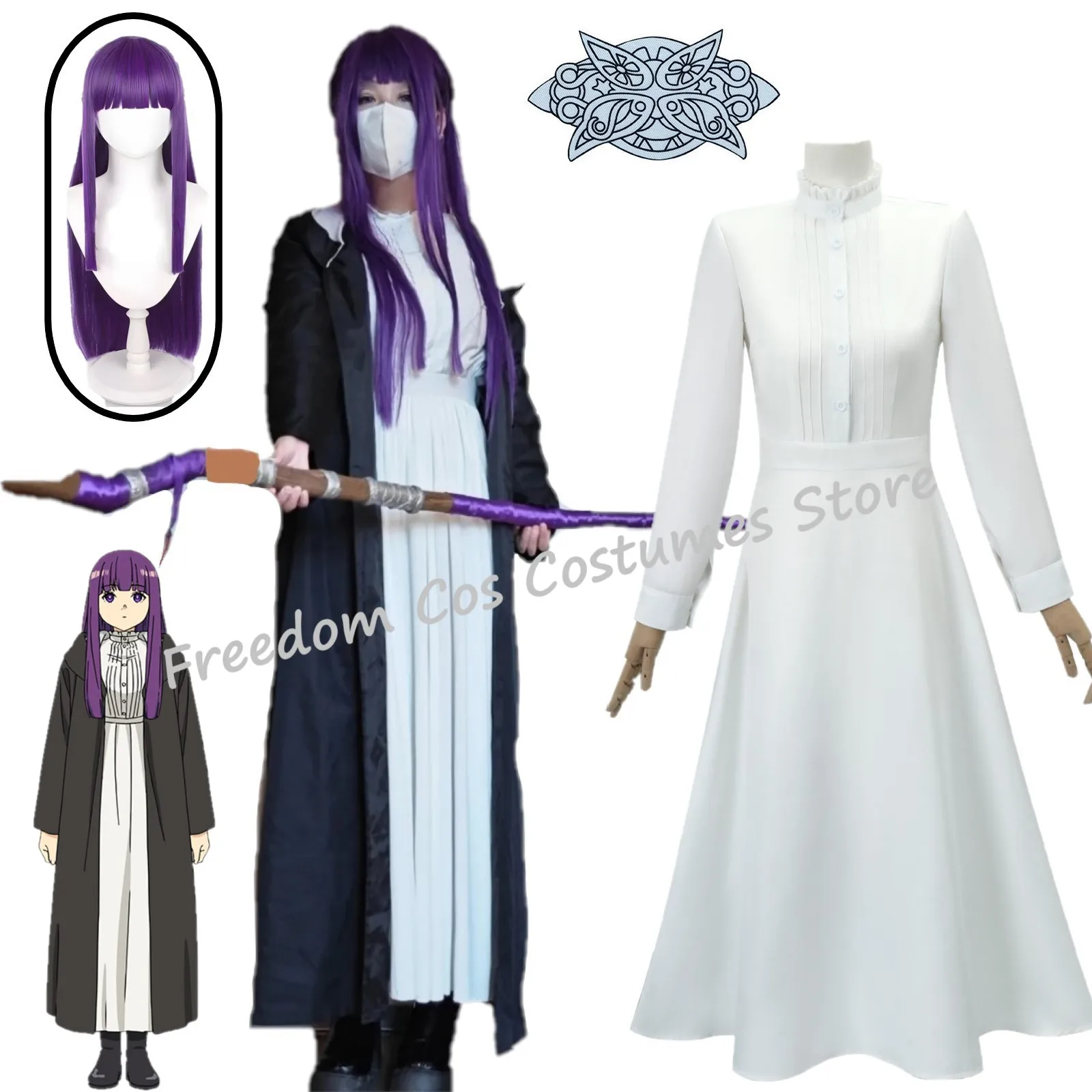 

Anime Frieren: Beyond Journey's End Fern Cosplay Costume Purple Wig White Long Dress and Black Robe Headwear Halloween Suit