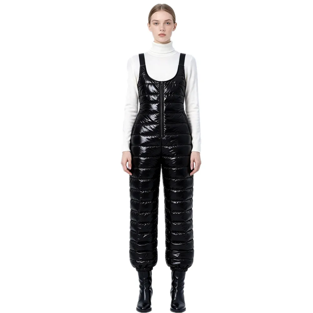 Women Waterproof Quilted Puffer Padded Bib Overalls Elastic Straps Zipper Jumpsuit for Winter Skiing Snowboard Special Needs