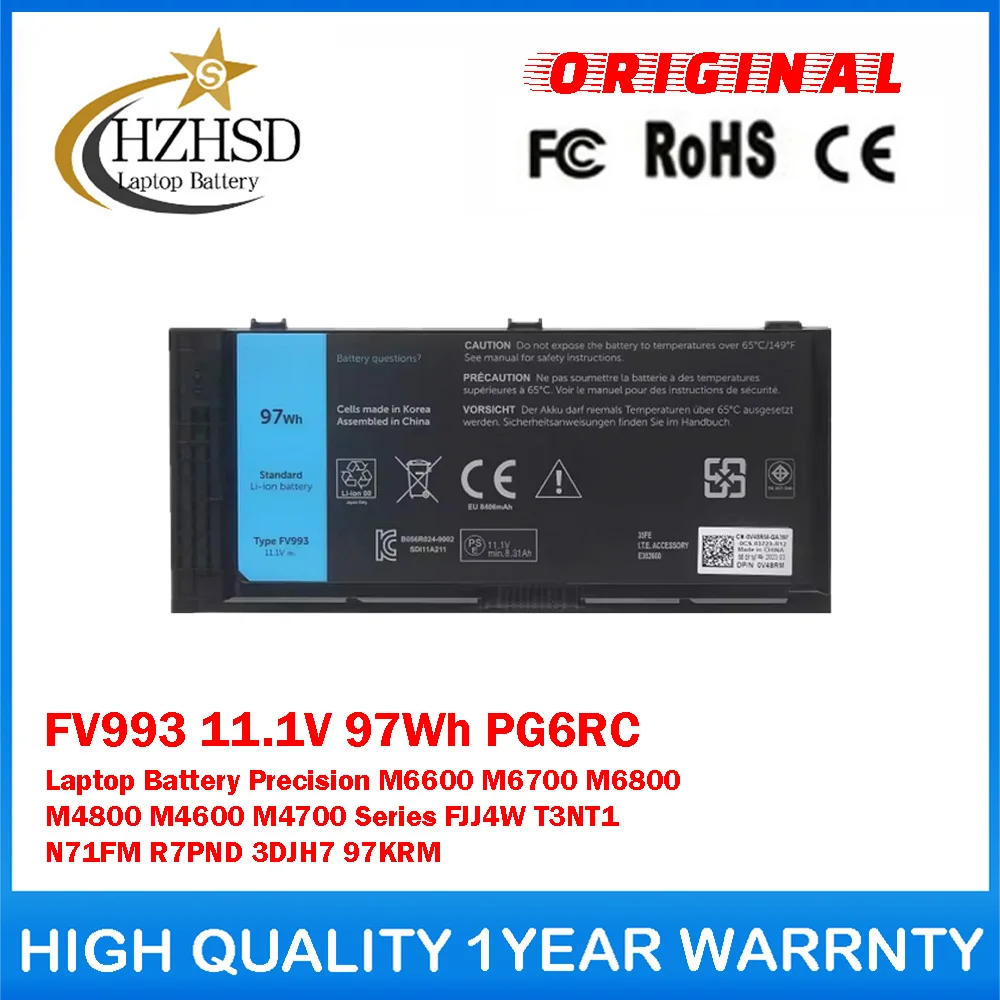 FV993 11.1V 97Wh PG6RC Genuine Original Laptop Battery For DELL Precision M6600 M6700 M6800 M4800 M4600 M4700 Series FJJ4W T3NT1