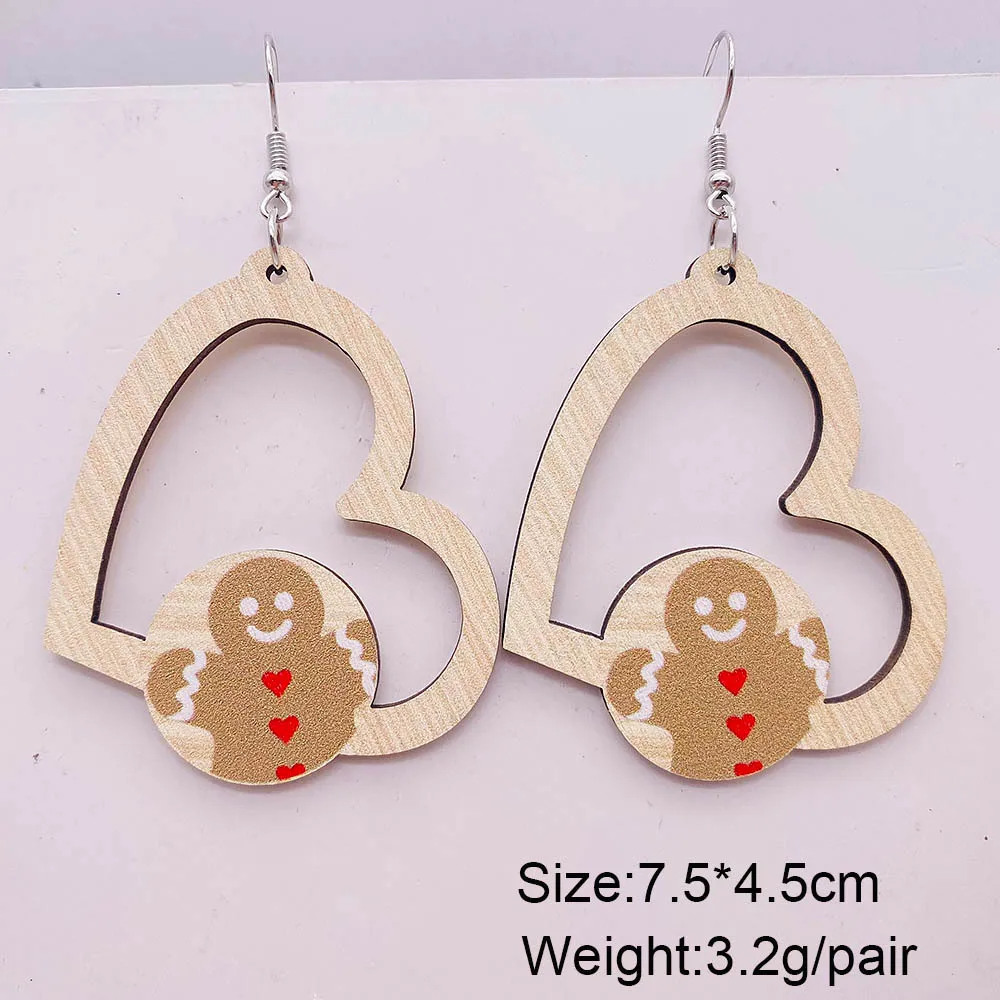 New Christmas Wood Earrings Santa Claus Elk Dwarf Heart Shaped Wooden Earrings for Woman Girl Holiday Gifts Jewelry Wholesale