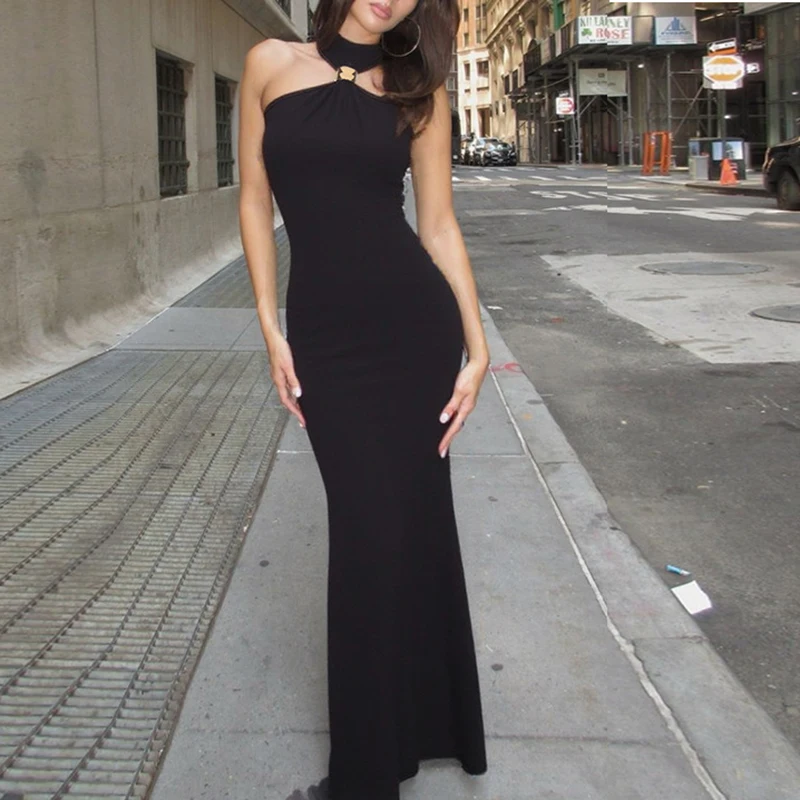 Vestido ajustado elegante para mujer, moda sin mangas, cuello alto y hombros descubiertos, vestidos largos para mujer, vestido Sexy de fiesta de vacaciones negro