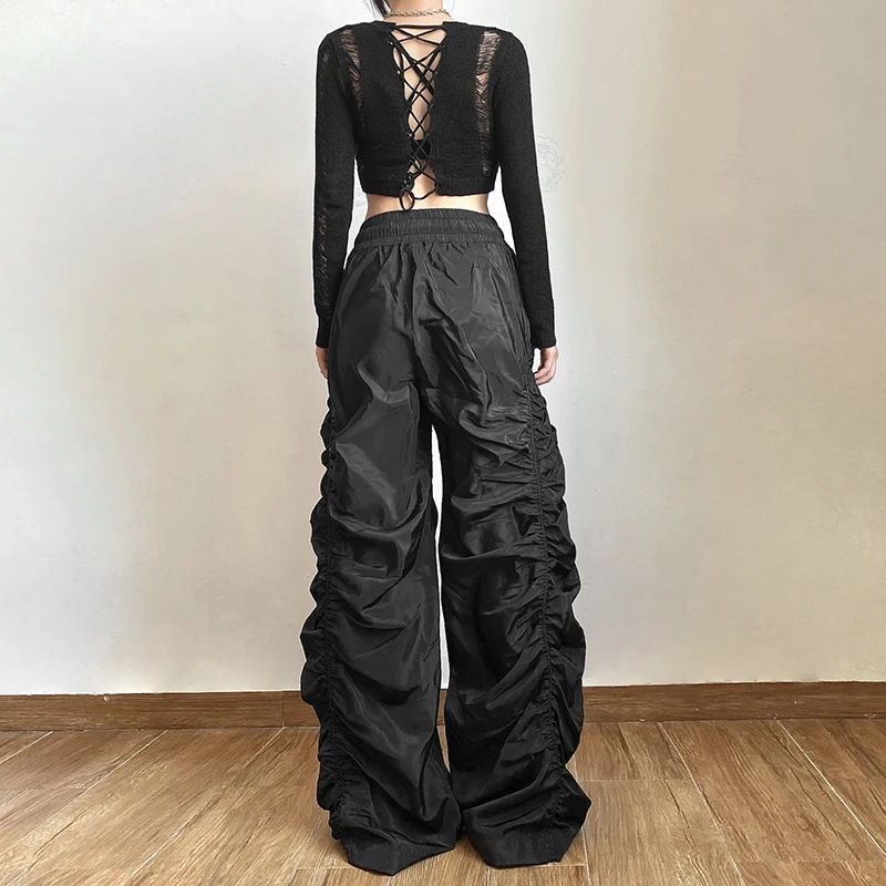 European Hot Girls Loose Mopping High-waisted Pants Women\'s Design Folds Pleated Wide-leg Long Pants Punk Capris Black Versatile