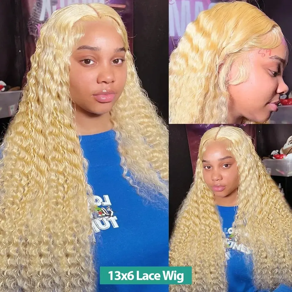 Blonde 24 Inch 613 Blonde 13x4 Lace Forehead Human Hair Wig Deep Wave Glueless Curly Hair 150 Density Women