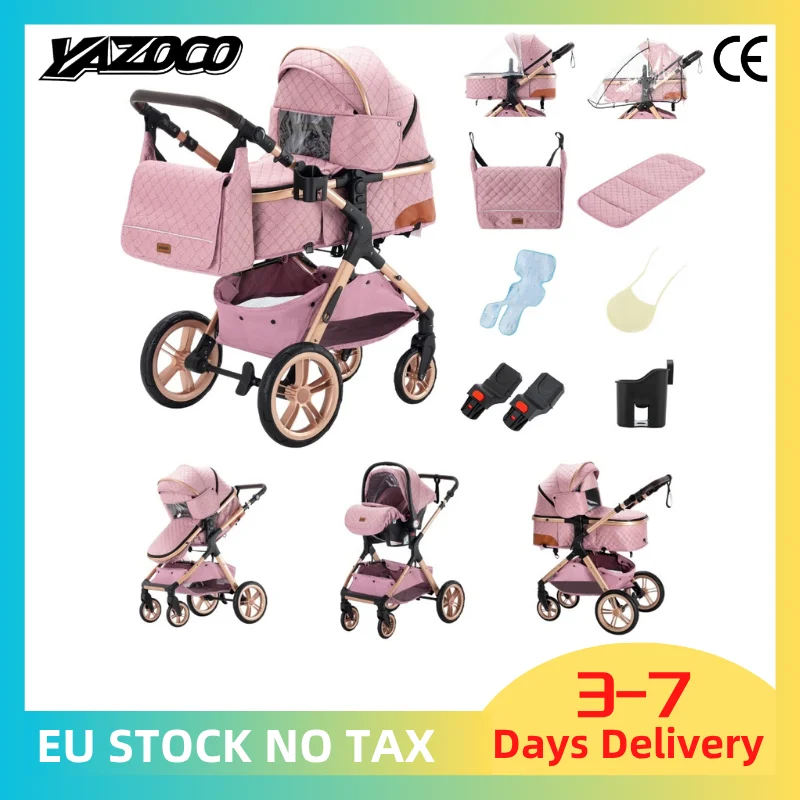 Kit de poussette 3-en-1 réglable avec siège haute, siège auto de sécurité pour bébé, matériau respirant et frais pour l'été, cadre en aluminium aérospatial ultra-léger, poussette de voyage portable et pliable