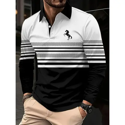 Polo grafisch horizontaal gestreept heren herfst- en wintershirt met lange mouwen Polo sport casual dagelijks gebruik 3D-geprint ademend bu