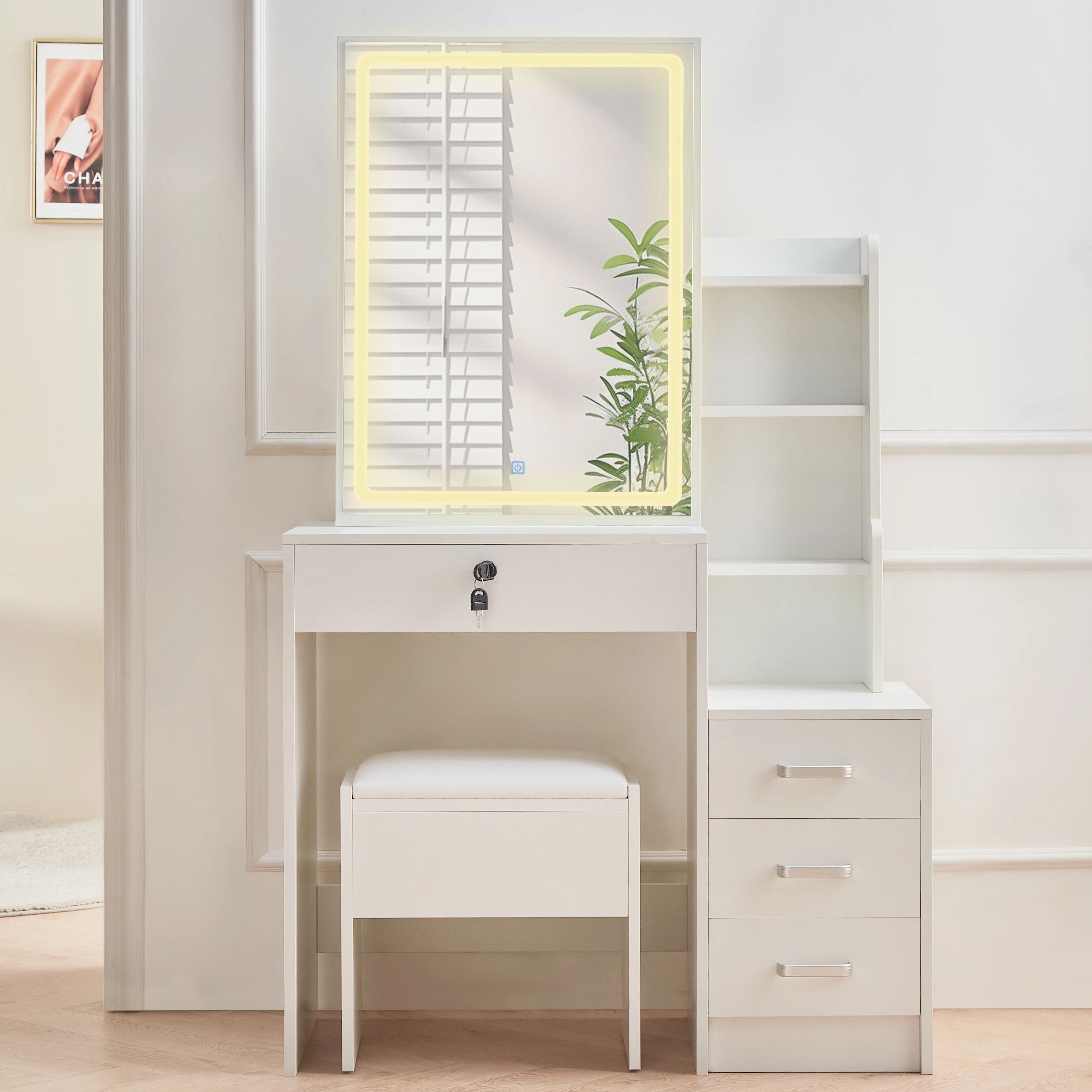 AINPECCA Dressing Table with LED Lights, Vanity Desk with Led Mirror and Drawers Hidden Shelves Stool, Makeup Desk for Bedroom