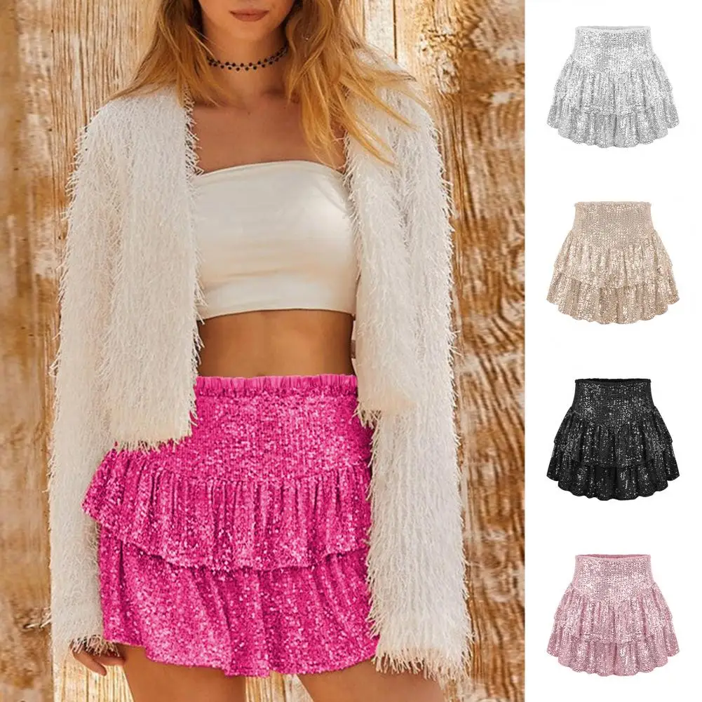 Women Sexy Mini Skirt High Waist Solid Color Pleated Skirt Sparkling Bright Sequins Layer Ruffle Hem Short Skirt Streetwear