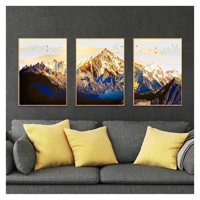 Landscape Map Canvas Painting Art Print Poster Picture Wall  Nordic Decorative Home Decor Golden Abstract Snow Mountain
