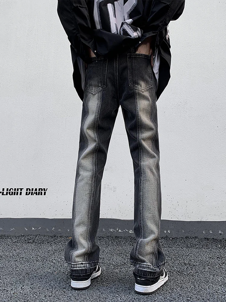 

Американские джинсы с рваными вставками и эффектом потертости, мужские, слегка расклешенные, приталенные, прямые брюки в стиле рабочей одежды, High Street Vibe