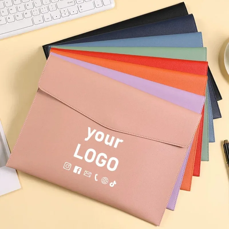 Custom Personalized Logo A4 Leather Briefcase Large Waterproof Business Contract Document Storage File Bags Wholesale