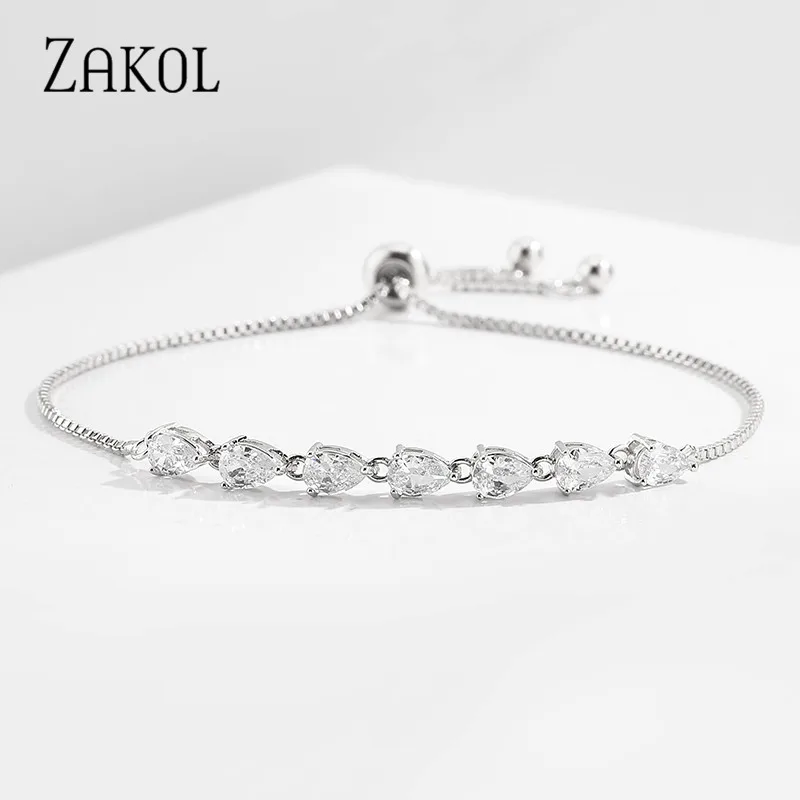 ZAKOL Brand Waterdrop Shape Cubic Zirconia Crystal Adjustable Bracelets for Women Wedding Party Jewelry Gift FSBP2227