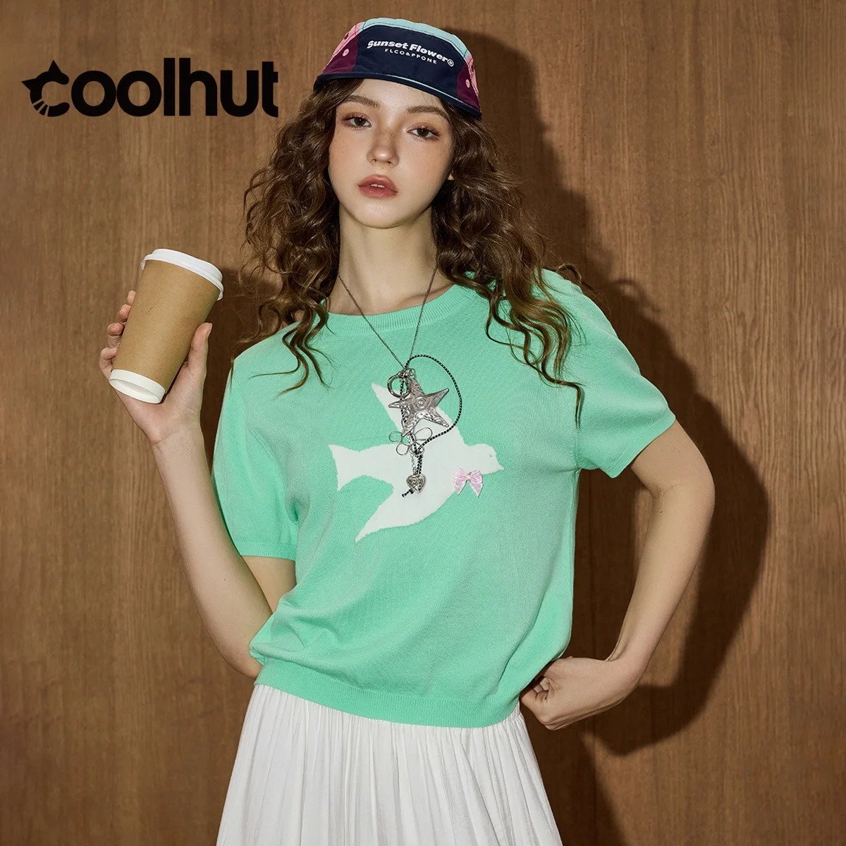 

COOLHUT Women's Blouse 2025 Soft Jacquard Knit Top Bow Detail Round Neck Short Sleeve Y2K Trendy Tee Shirt Pullover For Woman