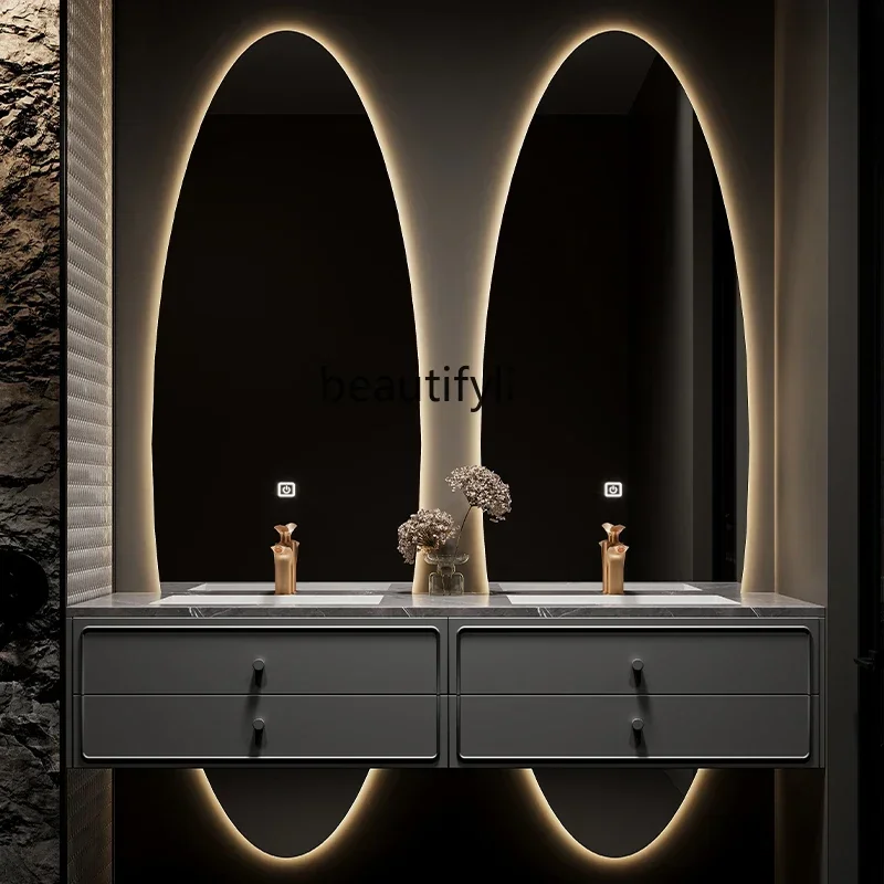 

YHH Affordable Luxury Style Oak Bathroom Cabinet Combination Double Basin Stone Plate Bathroom Table Washbasin Cabinet