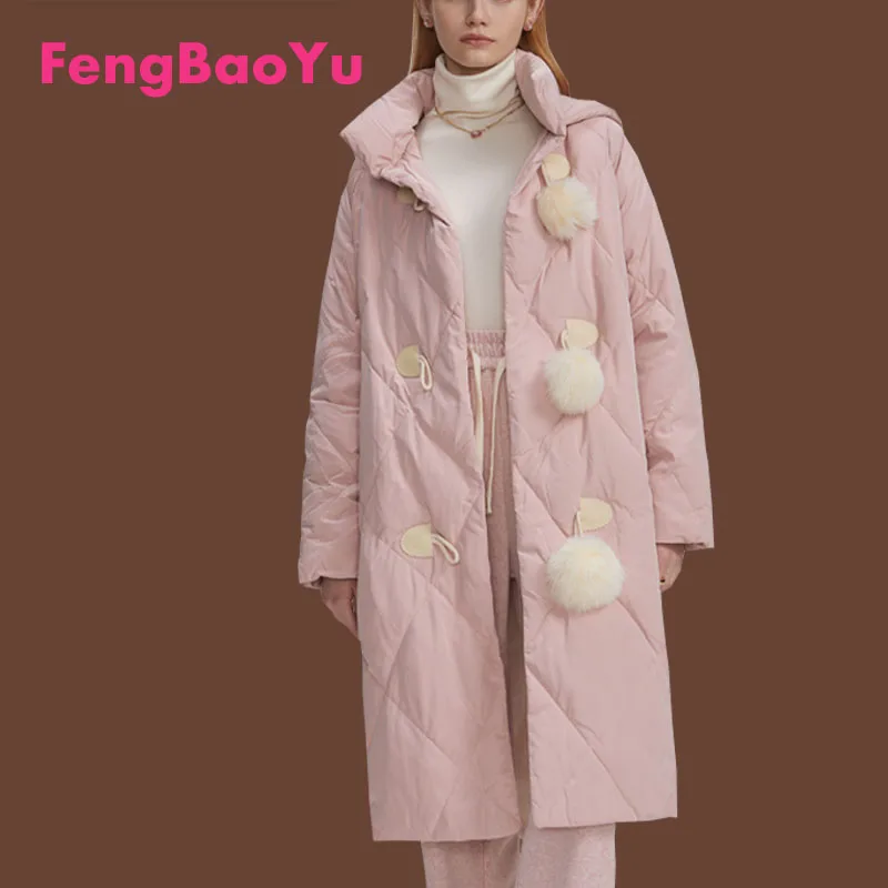 

Fengbaoyu Winter Women's Long Down Jacket Pink Korean Version Sweet Hooded Coat White Duck Down to Prevent Cold Outdoor Clothes