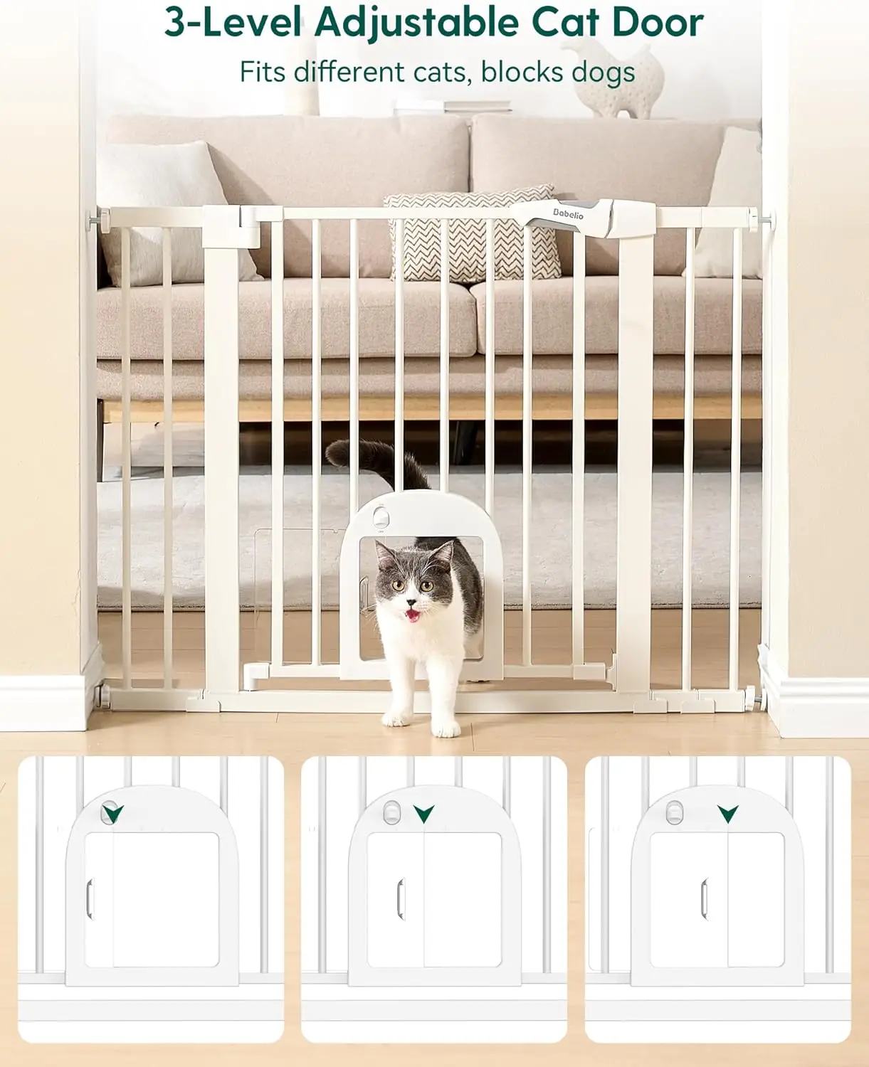 Auto Close Baby Gate with Adjustable Cat Door, 29-43" Wide, Durable Safety Gate for Stairs, Doorways, Easy Walk Thru, White - view 2