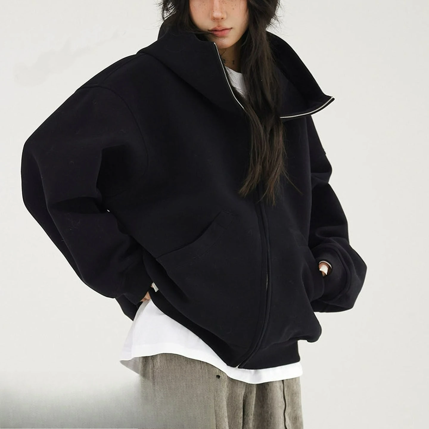 

2025 Autumn Winter New Retro High-End Feel Oversized Hooded Cardigan Thickened Sweatshirt Jacket for Women