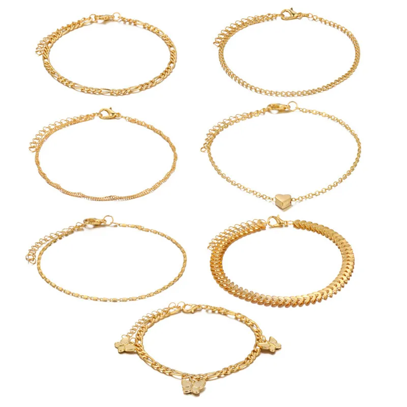 طقم خلخال فراشة وقلب عتيق ذهبي اللون للنساء ، خلخال متعدد الطبقات ، سوار على قدم الساق ، هدايا مجوهرات الشاطئ ، 7 في كل مجموعة #6