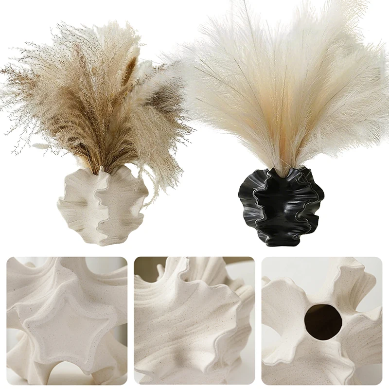 

Modern White Ceramic Vase Nordic Style Matte Texture Geometric Wavy Petal Shape for Hydroponics Dry Flowers Home Decoration