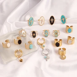 Bohemia Natural Stone Open Adjustable Wide Rings for Women 18K Gold Plated Stainless Steel Ring Finger Rings Jewelry Gifts
