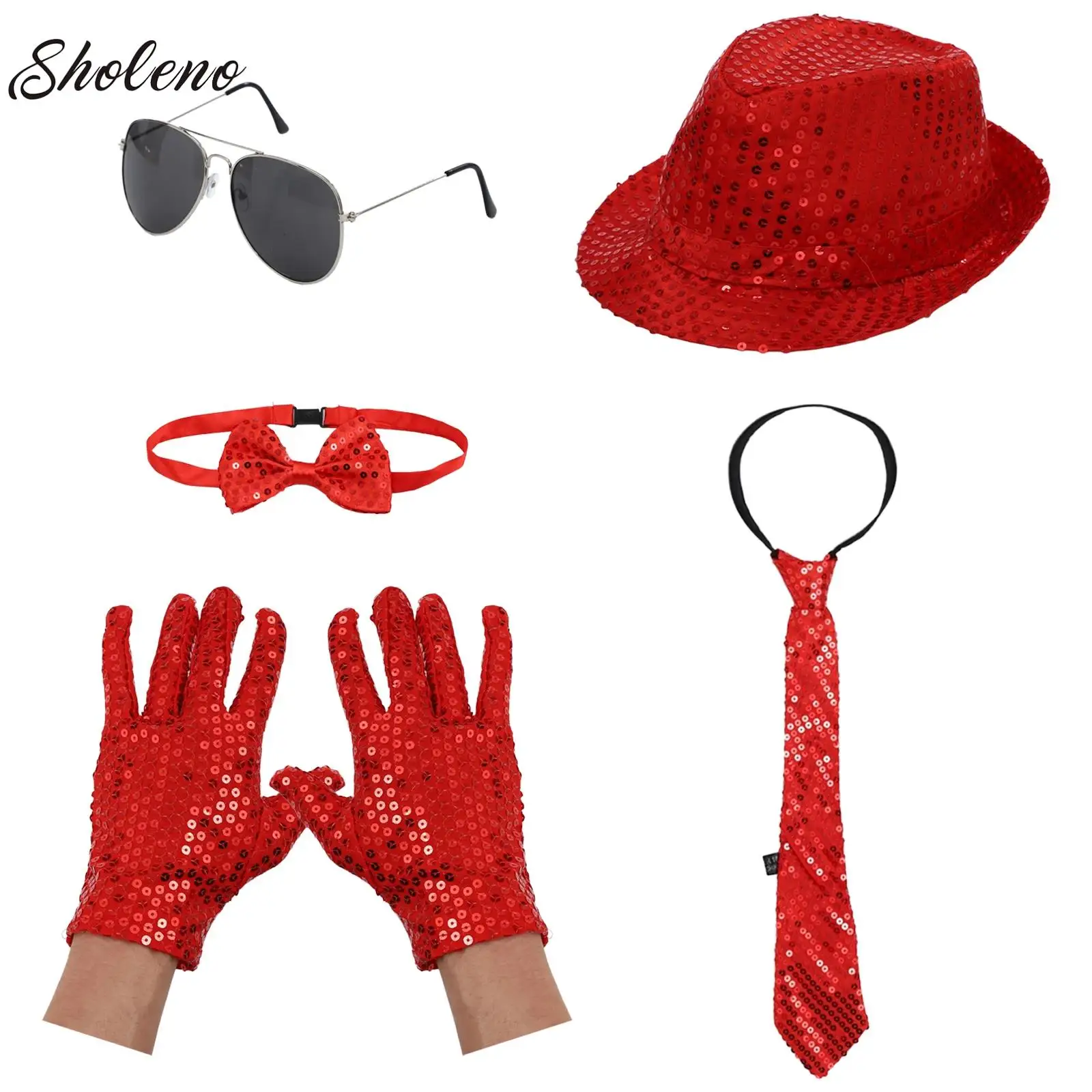 Hip Hop Jazz Hat Party Stage Dance Sequins Set Bow Tie Sunglasses Tie Gloves 5Pcs 70s Disco Performance Costumes Accessories Set