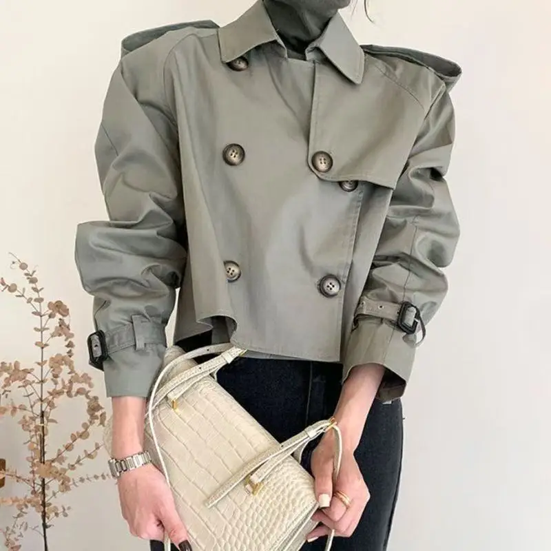 

2026 Women's New Double Breasted Short Trench Coat Turn-down Collar Long Sleeve Coats Fashion Vintage Female Outerwear Chic Tops