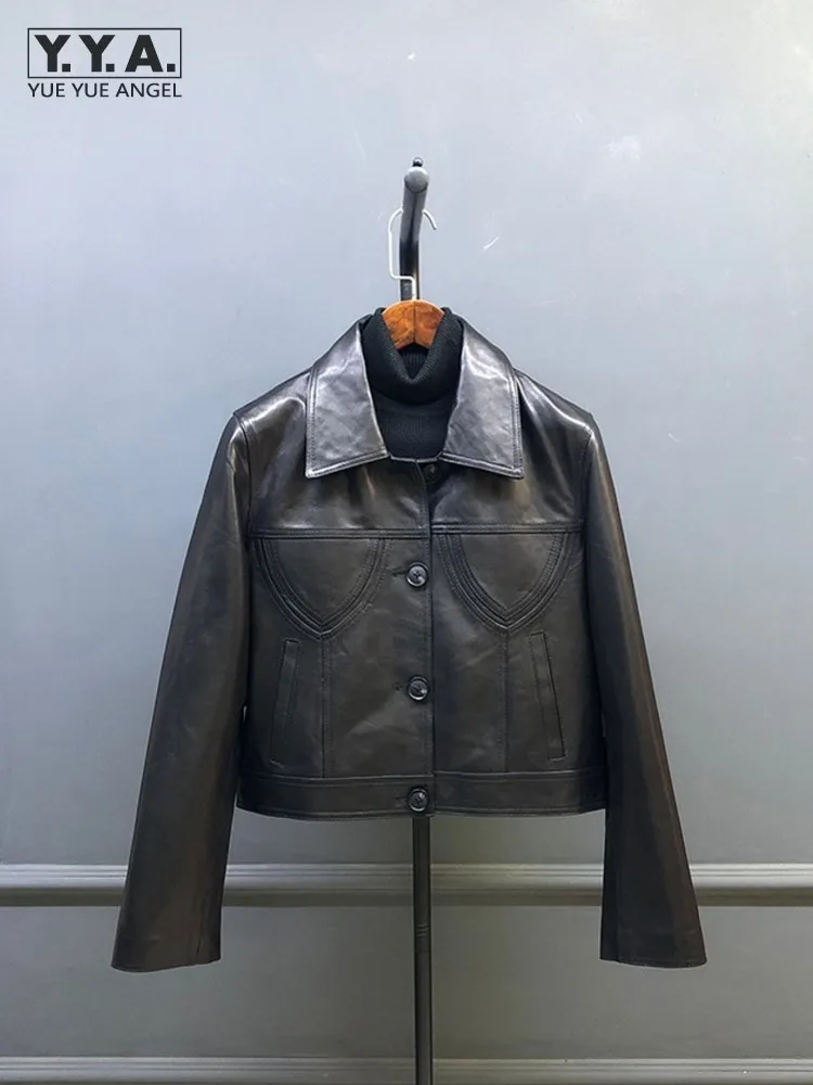 Female Autumn Winter Genuine Leather Oil Wax Jacket Turndown Collar Spring Autumn Short Coat Real Sheepskin Outerwear Fashion