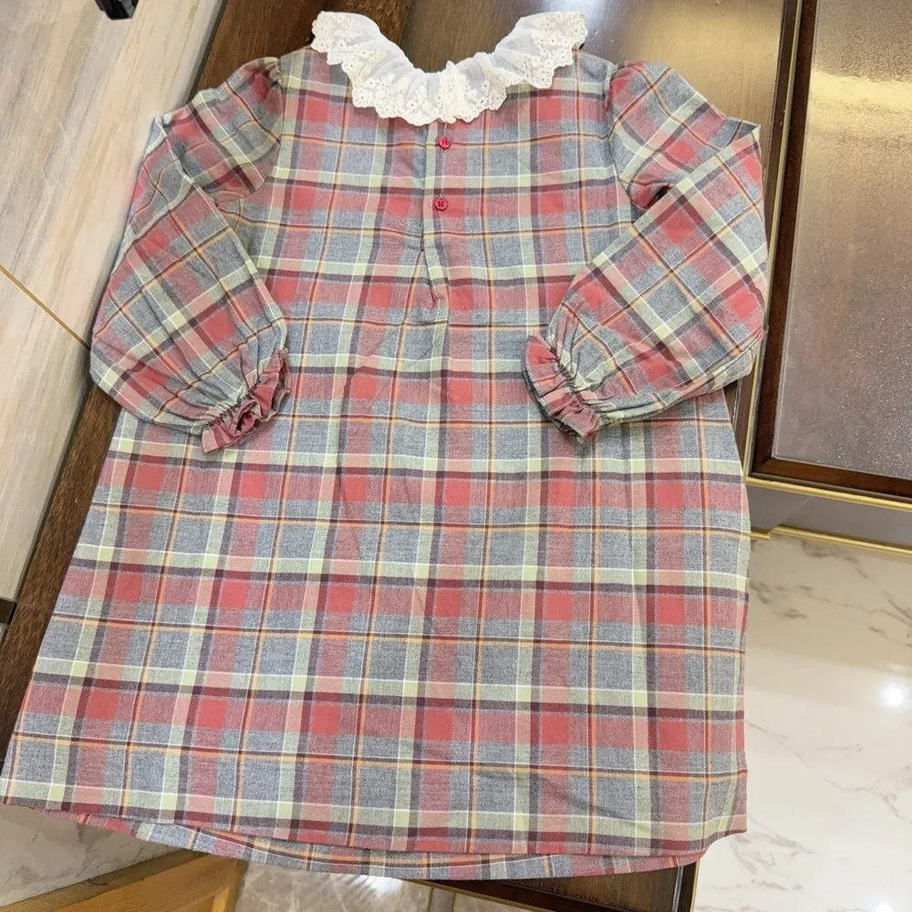 baby Dress Kids Girls Clothes French Style Cherry Patterned Dress Girls Checkered Lace Lapel Long Sleeved Dress