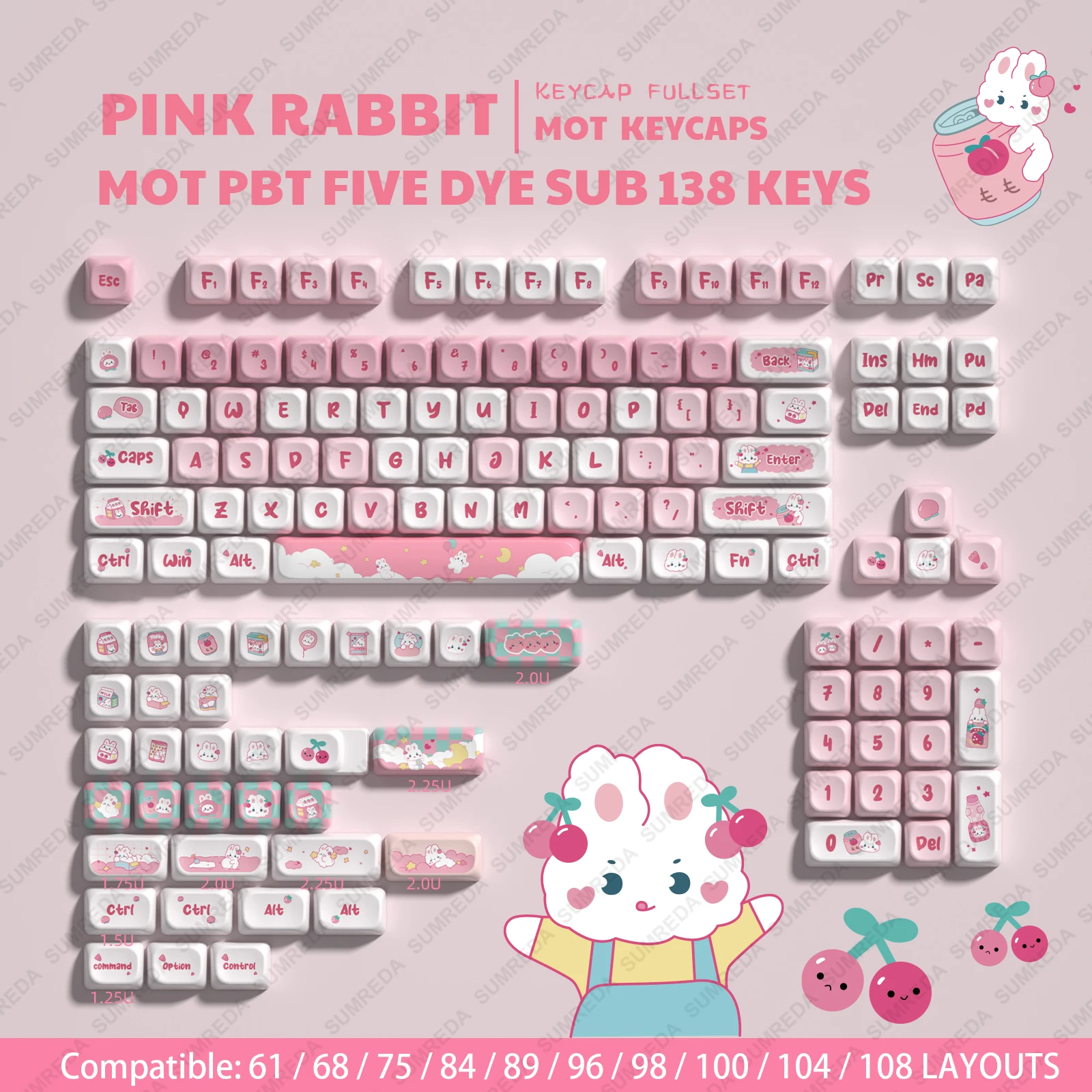 

Weikav Lucky65 Pink Rabbit Cartoon Anime Keycaps PBT DYE SUB Pudding Key caps MOT Profile Keycaps For Rainy75 Sugar65 Hi75 Hi8