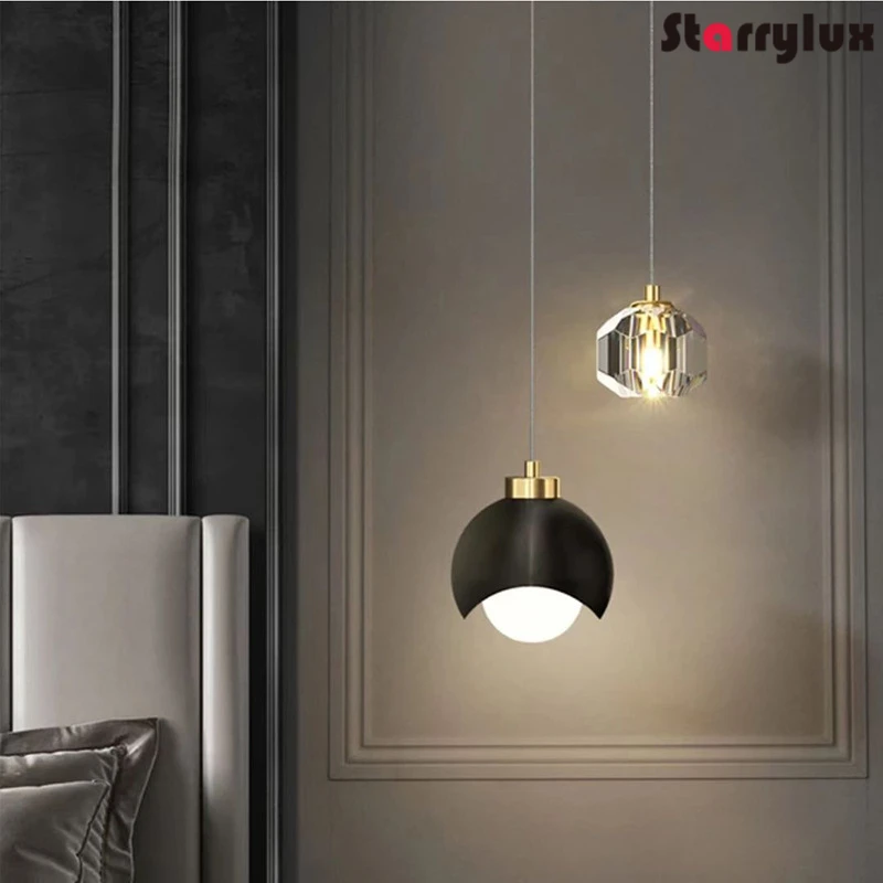 

Gold Round Crystal Pendant Light Nordic Luxury Dining Lamp Long Line Bedside Chandelier