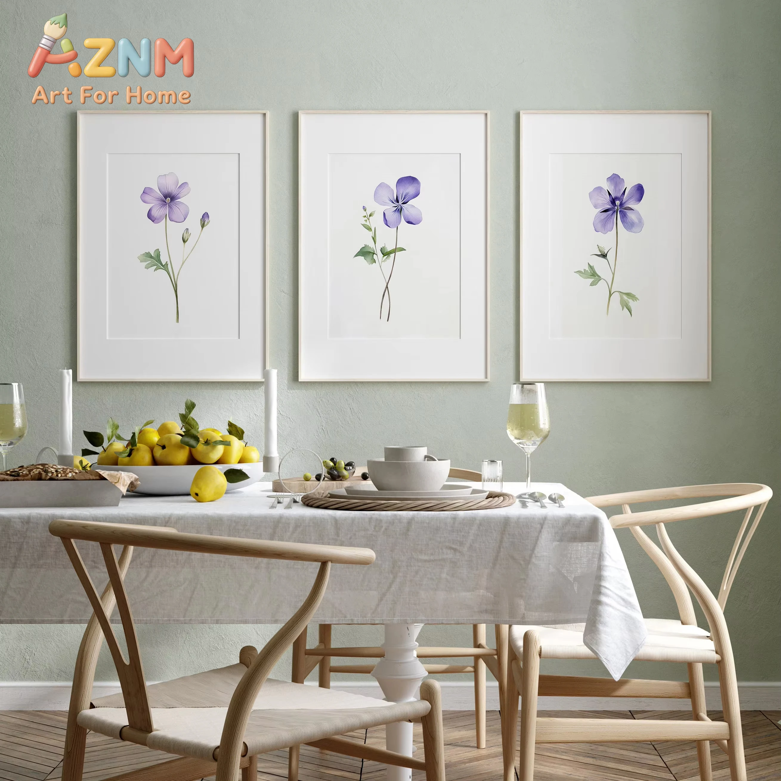Set of 3 Watercolor Violet Prints Minimalist Colorful Wall Decor Botanical Flower Wall Art Poster Home Decor New Home Gift