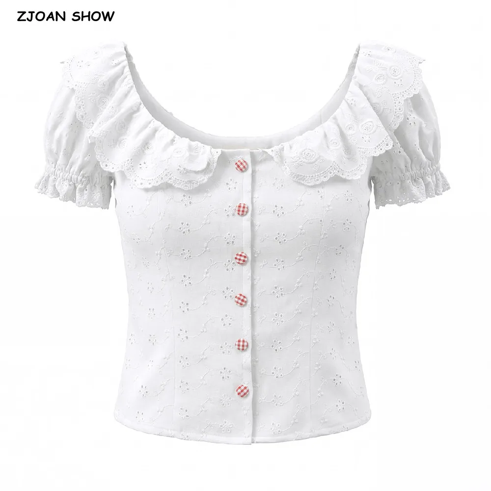 Sweet White Embroidery Hollow Out Lace Ruffles Lapel Short Sleeve Shirt Women Elastic Back Open Buttons Crop Tops