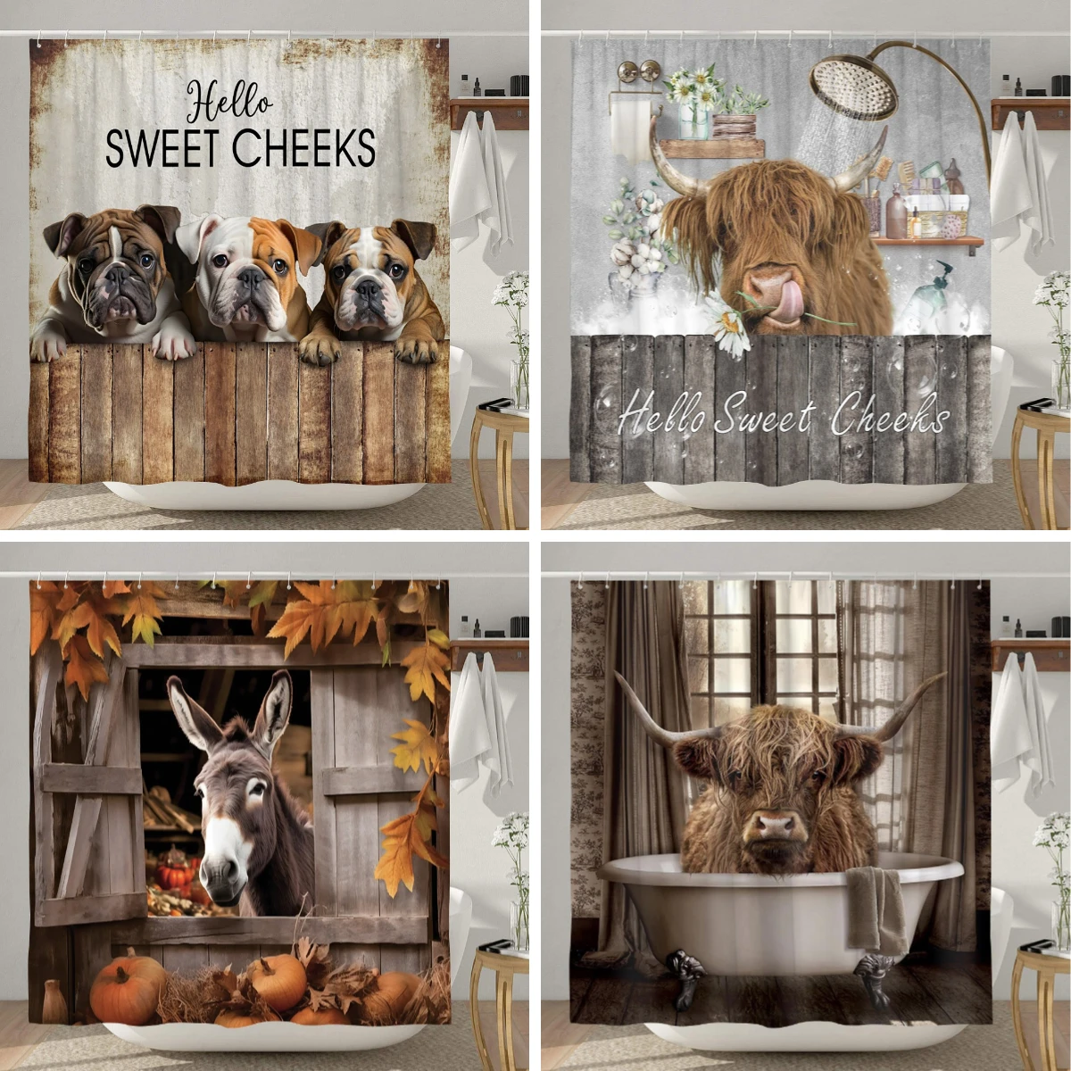 Funny Farmhouse Highland Cow Shower Curtain Vintage Western Bull Cattle Rustic Country Shower Curtains Funny Animals Bath Decor